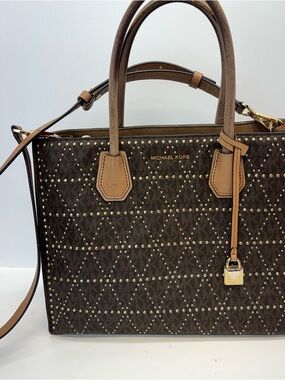 Michael Kors Logo Leather Mercer Stud & Grommet LG Tote Bag Purse Brown MK